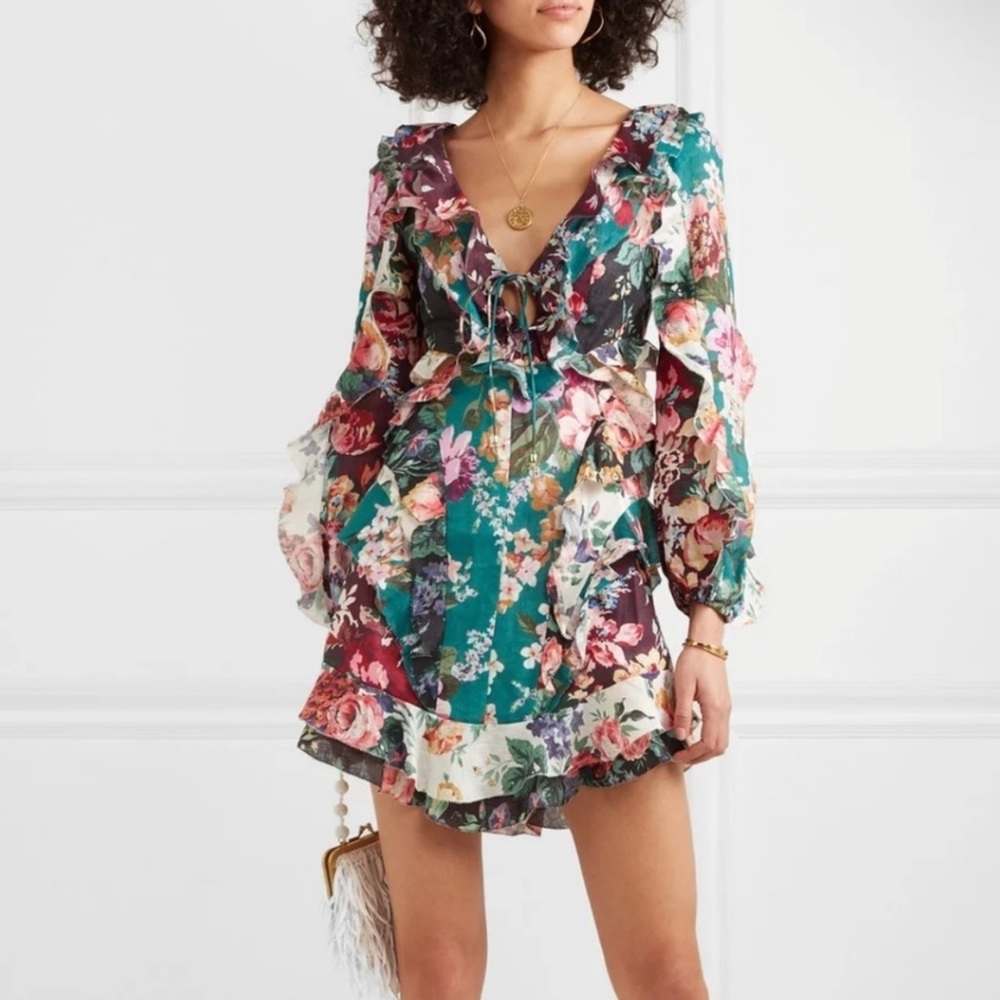 Zimmermann Allia Ruffled Floral Linen Mini Dress